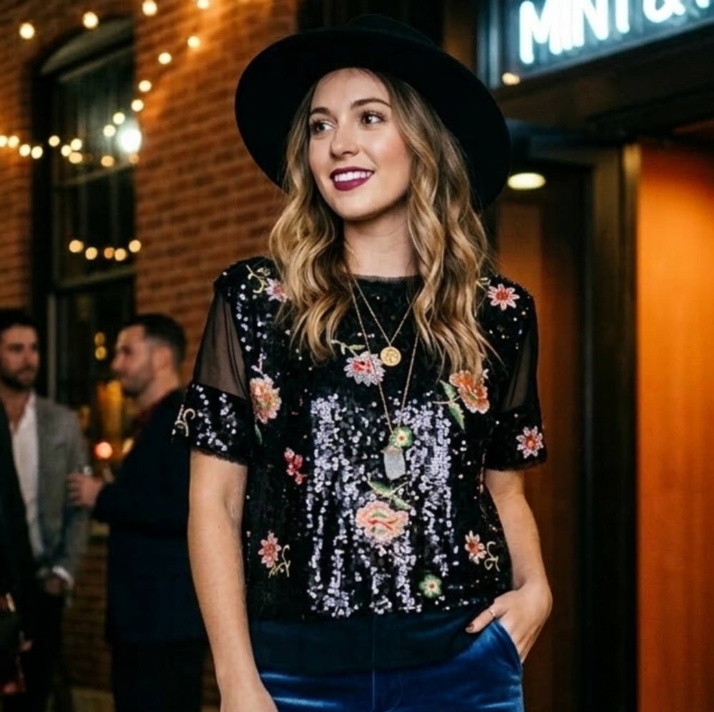 Zara S Vintage Y2K Bohemian Glam Artsy Coachella Sequins Floral Embroidered Top